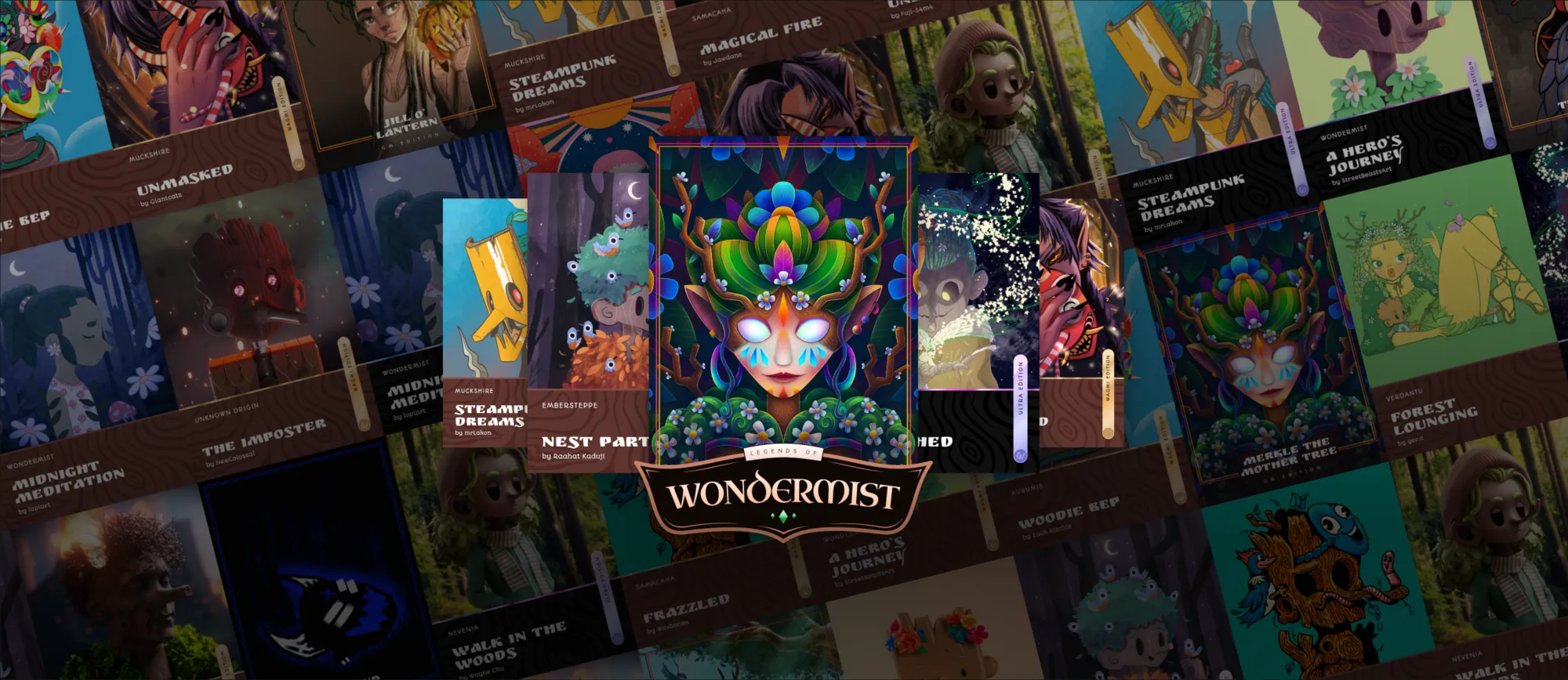 A collage of Legends of Wondermist cards, with the collection's crest at the centre
